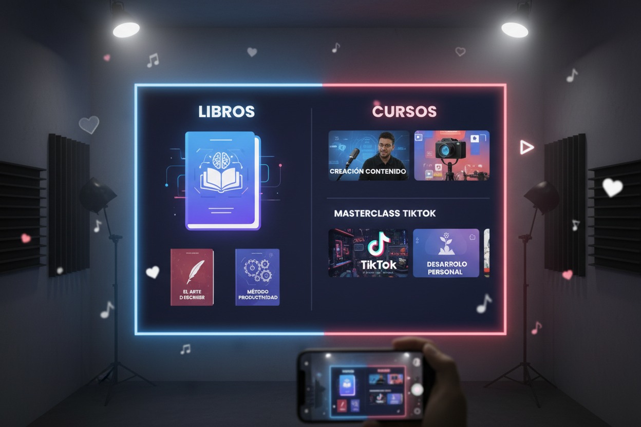 Una pantalla iluminada con luces de neón muestra una oferta de libros y cursos digitales, mientras una mano sostiene un teléfono móvil para capturar la imagen.